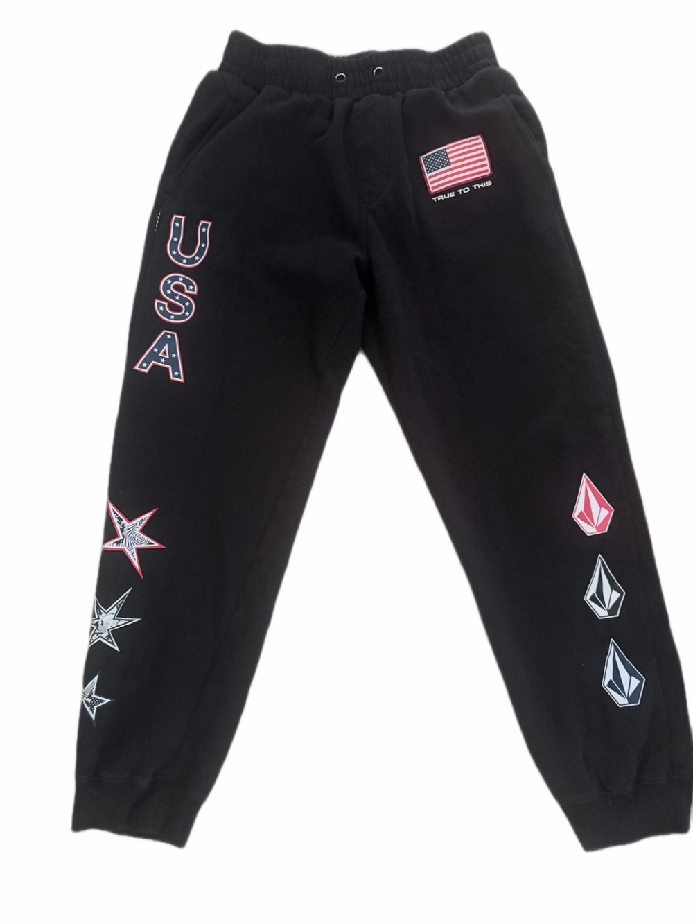 Volcom Black Sweatpants with USA Flag & Red-Accented Graphics NWOT